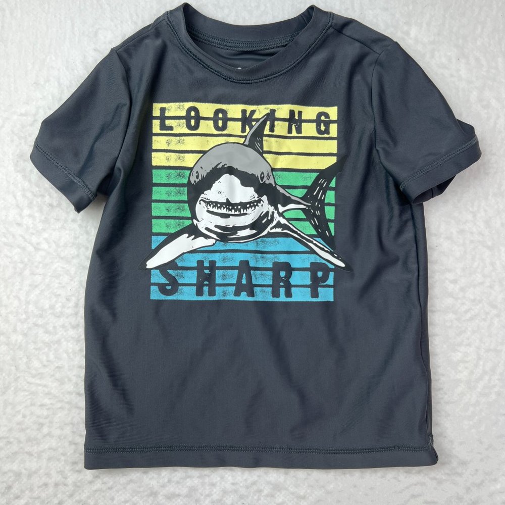 OshKosh Swim Shirt Shark Motif Sz 3T. Grey Looking Sharp. Blue Yellow Green